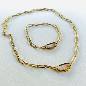 Paperclip Design Jewelry Set - Necklace and Bracelet, Titanium 18k Gold P